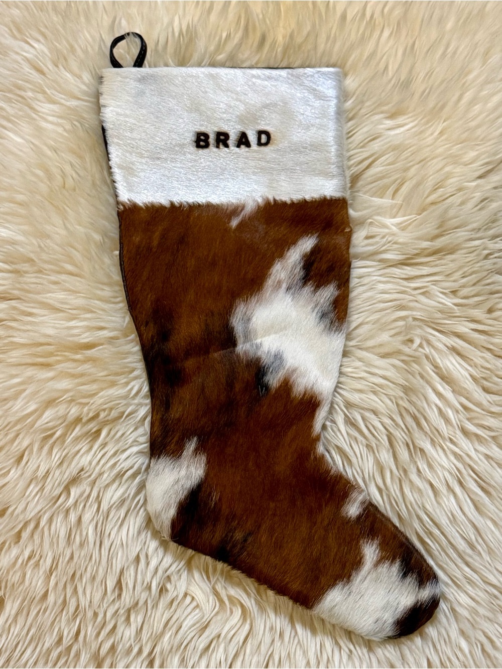 Personalized Branded BRAD Cowhide Leather Christmas Stocking - Brown & White